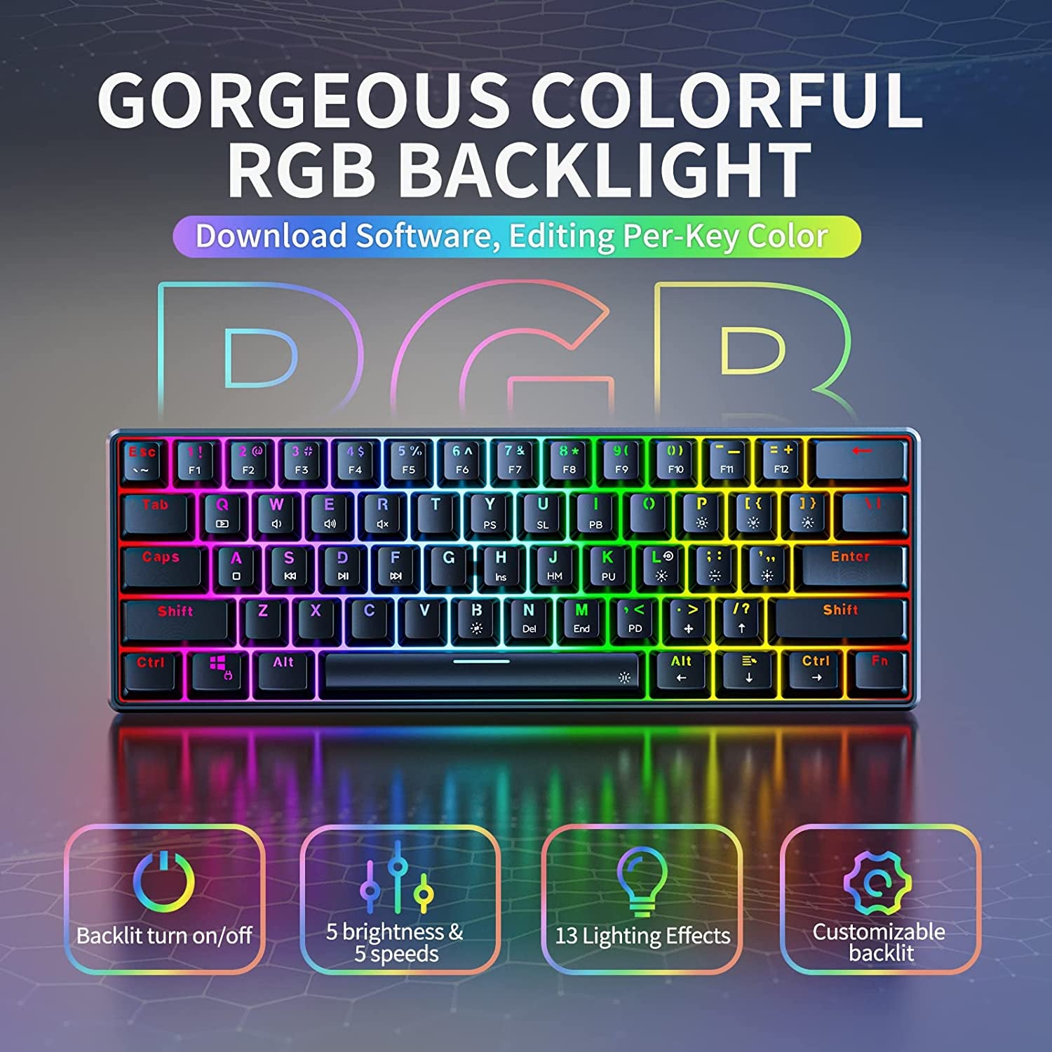 TH61 60% Mechanical Gaming Keyboard,Rgb Backlit Wired Ultra-Compact Mini Mechanical Keyboard Full Keys Programmable Black